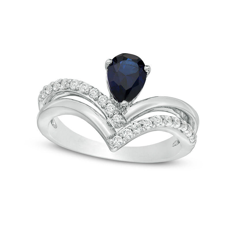 Image of ID 1 Pear-Shaped Lab-Created Blue and White Sapphire Double Row Chevron Ring in Sterling Silver