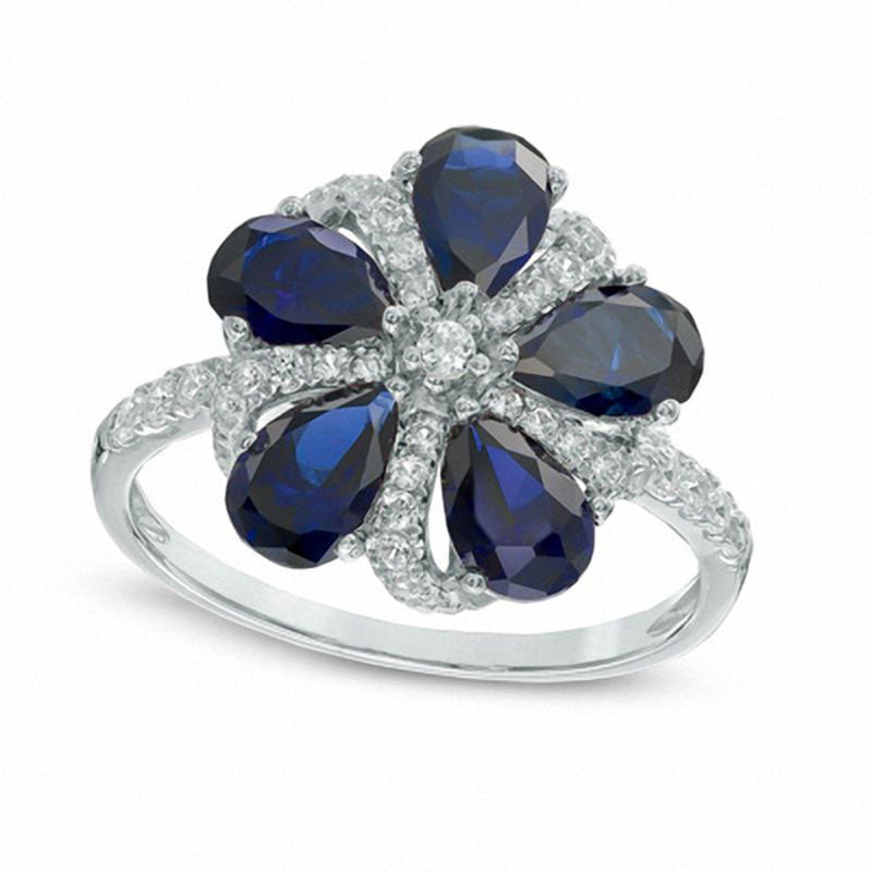 Image of ID 1 Pear-Shaped Lab-Created Blue and White Sapphire Pinwheel Ring in Sterling Silver