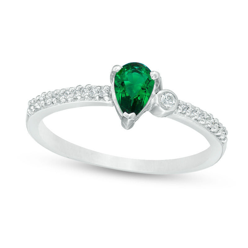 Image of ID 1 Pear-Shaped Lab-Created Emerald and 005 CT TW Diamond Bezel-Set Side Accent Promise Ring in Sterling Silver