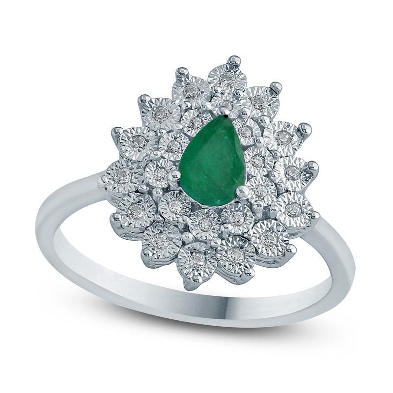 Image of ID 1 Pear-Shaped Lab-Created Emerald and 010 CT TW Diamond Starburst Frame Ring in Sterling Silver