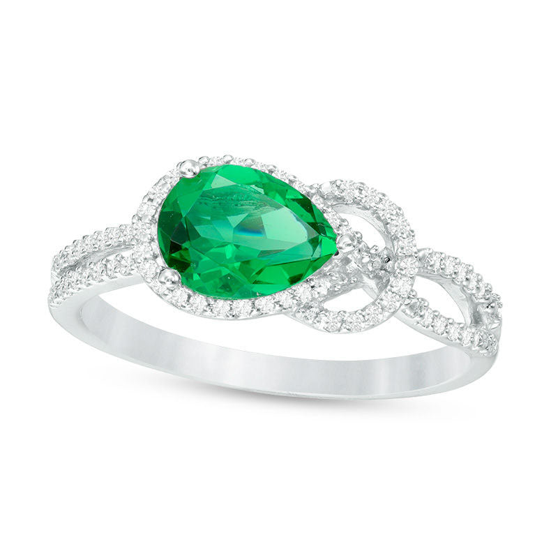 Image of ID 1 Pear-Shaped Lab-Created Emerald and 017 CT TW Diamond Knot Frame Ring in Sterling Silver