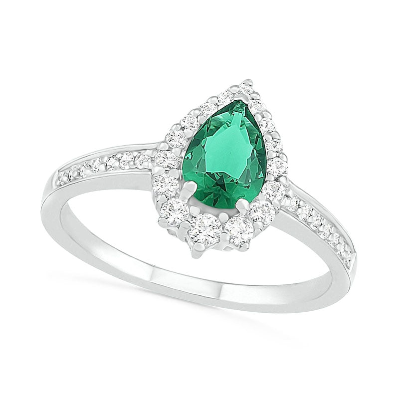 Image of ID 1 Pear-Shaped Lab-Created Emerald and White Sapphire Crown Frame Ring in Sterling Silver
