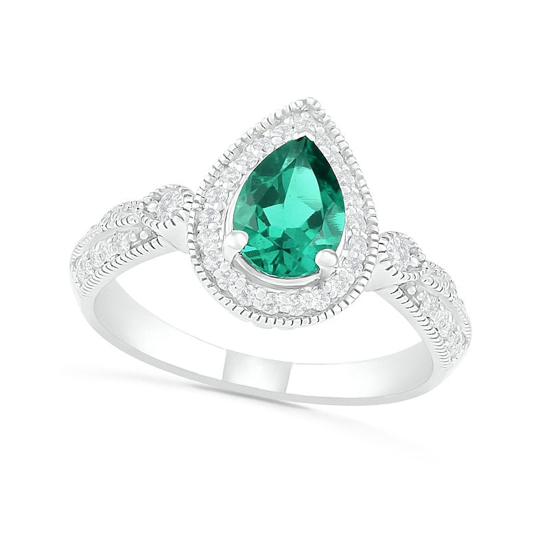 Image of ID 1 Pear-Shaped Lab-Created Emerald and White Sapphire Frame Double Row Tapered Shank Antique Vintage-Style Ring in Sterling Silver
