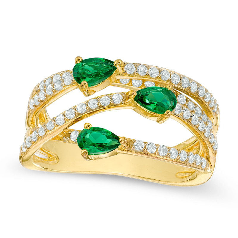 Image of ID 1 Pear-Shaped Lab-Created Emerald and White Sapphire Three Stone Orbit Ring in Sterling Silver and Solid 14K Gold Plate