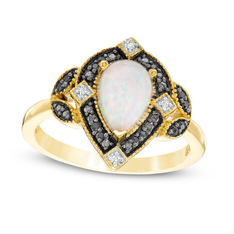 Image of ID 1 Pear-Shaped Lab-Created Opal and 010 CT TW Enhanced Black and White Diamond Art Deco Frame Ring in Solid 10K Yellow Gold