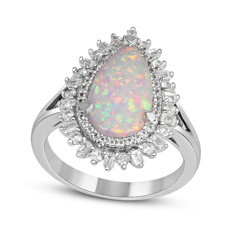 Image of ID 1 Pear-Shaped Lab-Created Opal and White Lab-Created Sapphire Double Shadow Frame Split Shank Ring in Sterling Silver