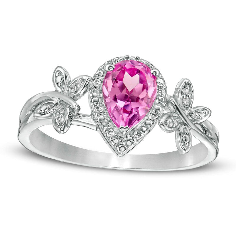 Image of ID 1 Pear-Shaped Lab-Created Pink Sapphire and 005 CT TW Diamond Frame Butterfly Ring in Sterling Silver