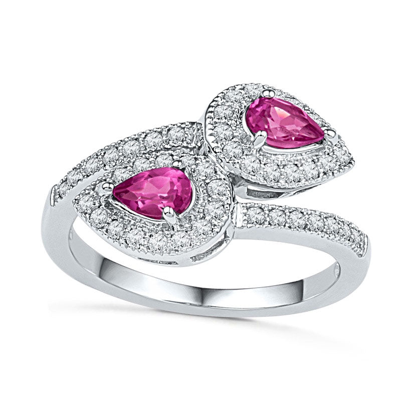 Image of ID 1 Pear-Shaped Lab-Created Pink Sapphire and 033 CT TW Diamond Frame Bypass Ring in Sterling Silver