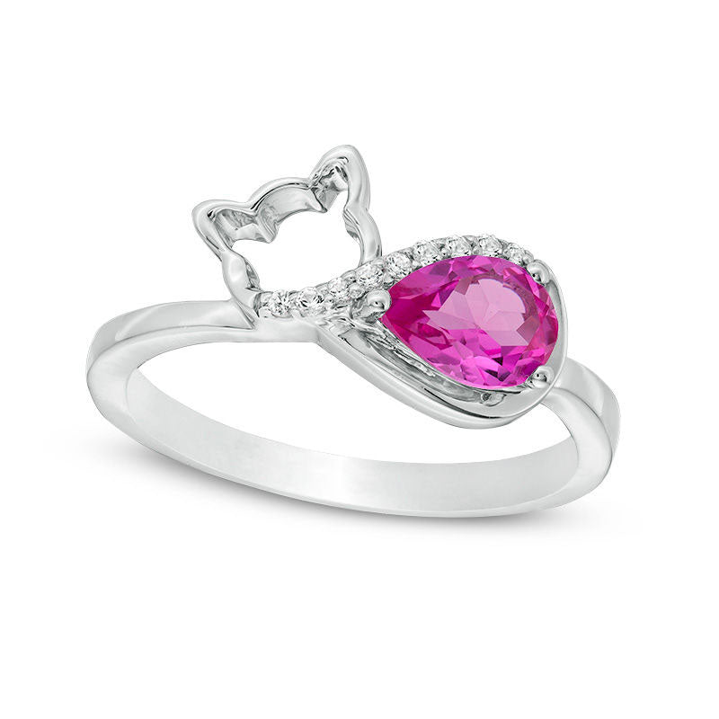 Image of ID 1 Pear-Shaped Lab-Created Pink and White Sapphire Sleeping Cat Ring in Sterling Silver