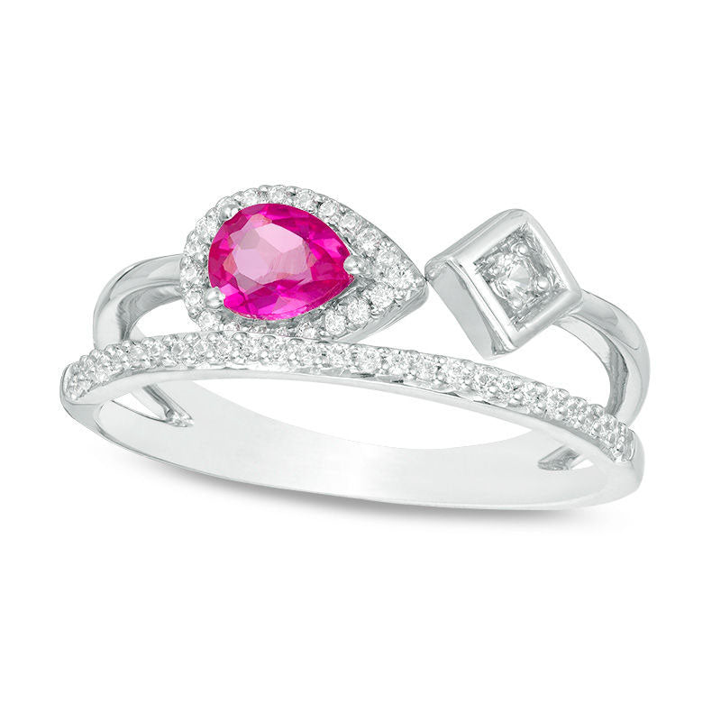 Image of ID 1 Pear-Shaped Lab-Created Ruby White Sapphire and 013 CT TW Diamond Split Shank Ring