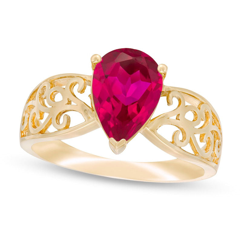 Image of ID 1 Pear-Shaped Lab-Created Ruby Wide Filigree Ring in Solid 10K Yellow Gold