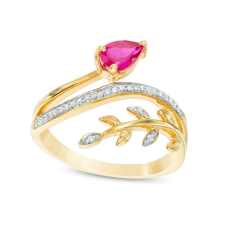 Image of ID 1 Pear-Shaped Lab-Created Ruby and 007 CT TW Diamond Leafy Branch Bypass Ring in Sterling Silver with Solid 14K Gold Plate