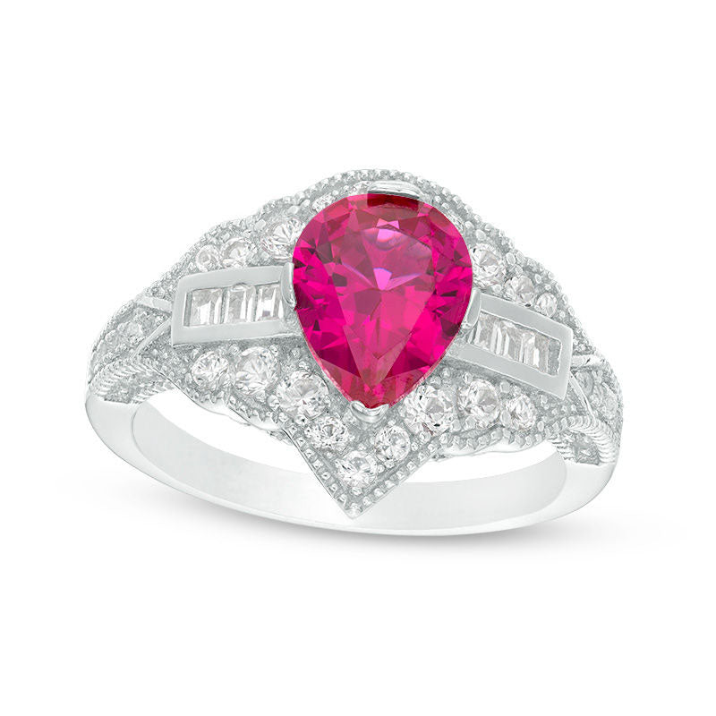Image of ID 1 Pear-Shaped Lab-Created Ruby and White Sapphire Antique Vintage-Style Ring in Sterling Silver