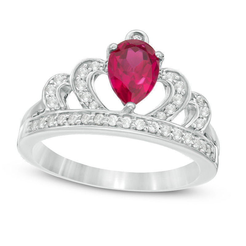 Image of ID 1 Pear-Shaped Lab-Created Ruby and White Sapphire Crown Ring in Sterling Silver