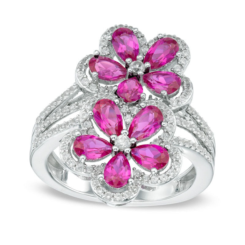 Image of ID 1 Pear-Shaped Lab-Created Ruby and White Sapphire Double Flower Ring in Sterling Silver