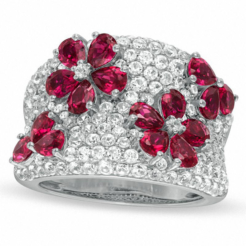 Image of ID 1 Pear-Shaped Lab-Created Ruby and White Sapphire Flower Band in Sterling Silver