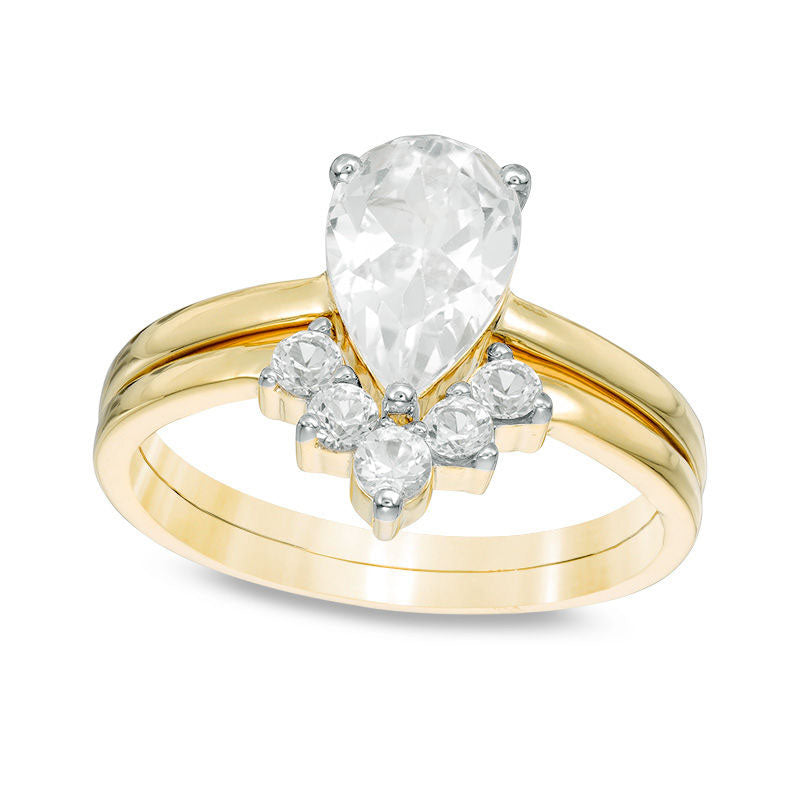 Image of ID 1 Pear-Shaped Lab-Created White Sapphire Bridal Engagement Ring Set in Sterling Silver with Solid 14K Gold Plate