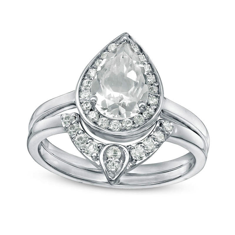 Image of ID 1 Pear-Shaped Lab-Created White Sapphire and 013 CT TW Diamond Frame Bridal Engagement Ring Set in Sterling Silver
