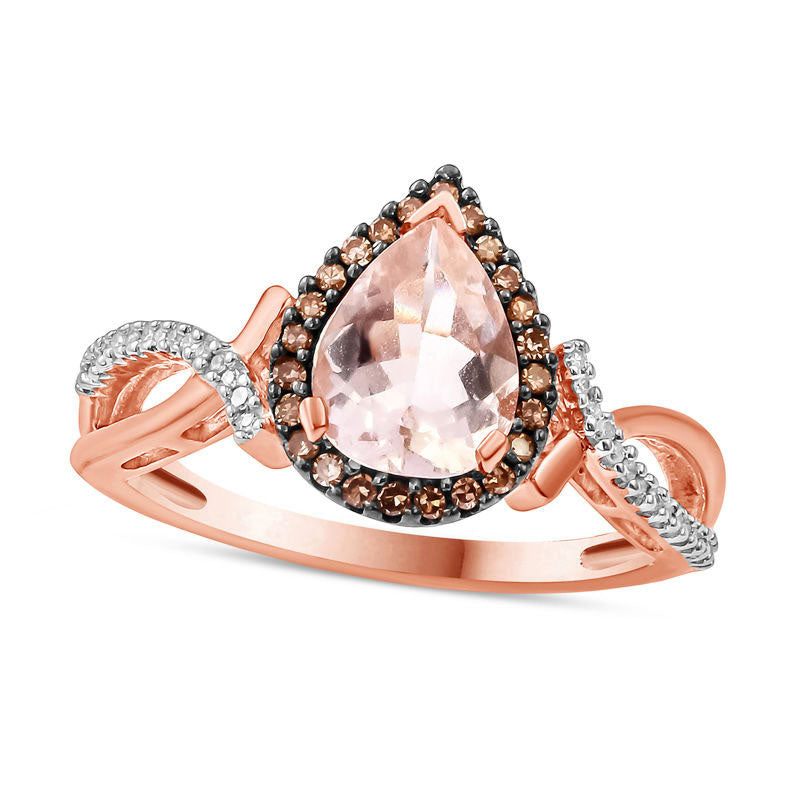 Image of ID 1 Pear-Shaped Morganite and 017 CT TW Champagne and White Natural Diamond Frame Ring in Solid 10K Rose Gold and Black Rhodium