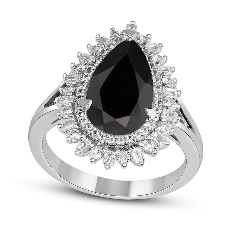 Image of ID 1 Pear-Shaped Onyx and White Lab-Created Sapphire Double Shadow Frame Split Shank Ring in Sterling Silver