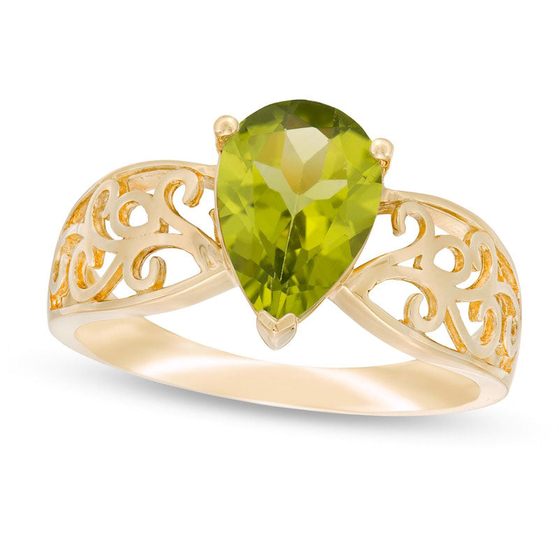 Image of ID 1 Pear-Shaped Peridot Wide Filigree Ring in Solid 10K Yellow Gold