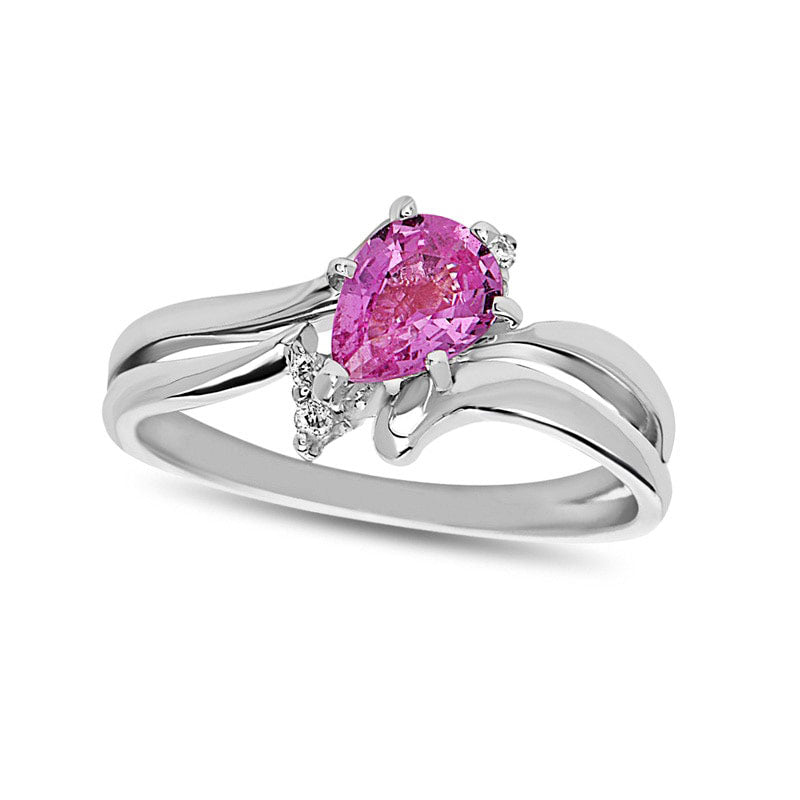 Image of ID 1 Pear-Shaped Pink Sapphire and Natural Diamond Accent Bypass Bridal Engagement Ring Set in Solid 14K White Gold