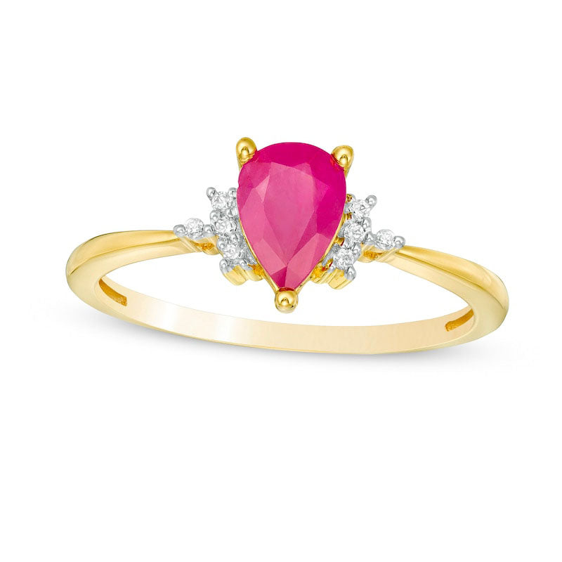 Image of ID 1 Pear-Shaped Ruby and 005 CT TW Natural Diamond Ring in Solid 10K Yellow Gold