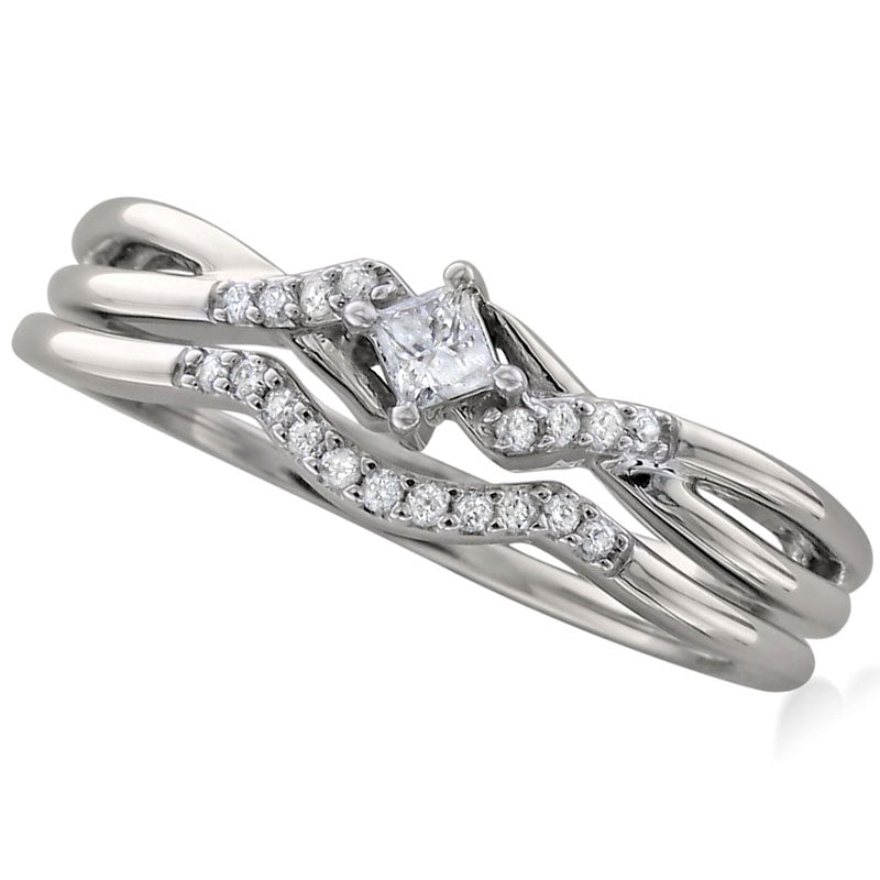 Image of ID 1 Previously Owned - 020 CT TW Princess-Cut Natural Diamond Split Shank Bridal Engagement Ring Set in Solid 10K White Gold