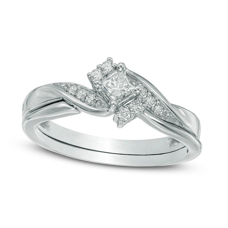 Image of ID 1 Previously Owned - 025 CT TW Princess-Cut Natural Diamond Bridal Engagement Ring Set in Solid 10K White Gold