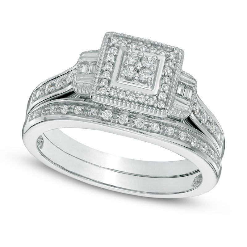 Image of ID 1 Previously Owned - 025 CT TW Quad Natural Diamond Square Frame Bridal Engagement Ring Set in Sterling Silver