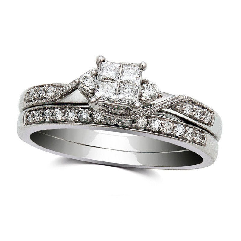 Image of ID 1 Previously Owned - 033 CT TW Princess-Cut Quad Natural Diamond Bridal Engagement Ring Set in Solid 10K White Gold