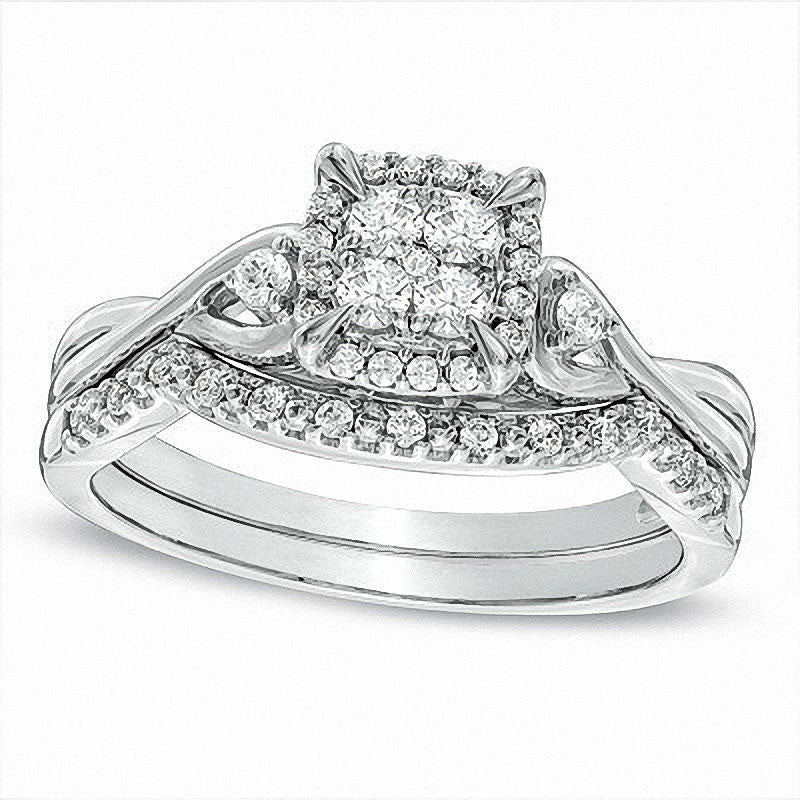 Image of ID 1 Previously Owned - 033 CT TW Quad Natural Diamond Frame Twist Shank Bridal Engagement Ring Set in Solid 10K White Gold