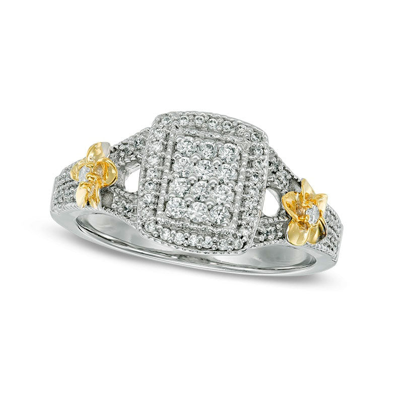 Image of ID 1 Previously Owned - 033 CT TW Rectangular Composite Natural Diamond Frame Double Flower Ring in Solid 10K Two-Tone Gold