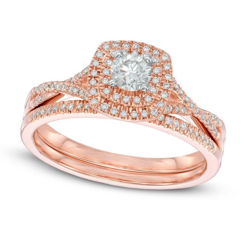 Image of ID 1 Previously Owned - 050 CT TW Natural Diamond Double Square Frame Twist Bridal Engagement Ring Set in Solid 14K Rose Gold