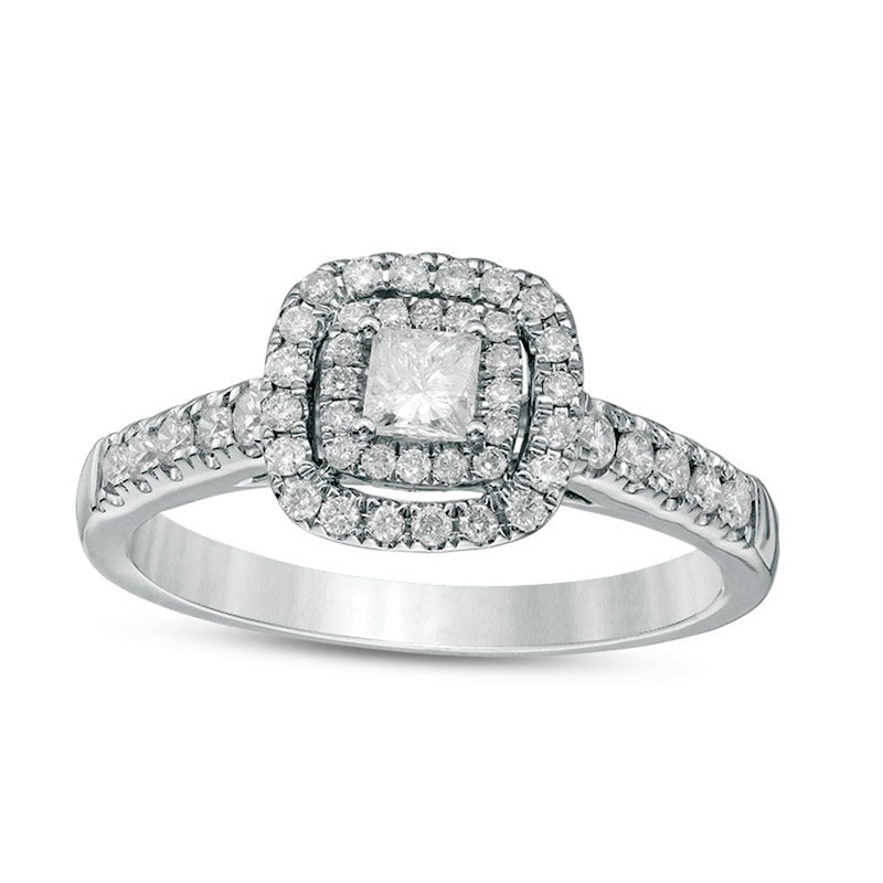 Image of ID 1 Previously Owned - 050 CT TW Princess-Cut Natural Diamond Double Frame Engagement Ring in Solid 14K White Gold