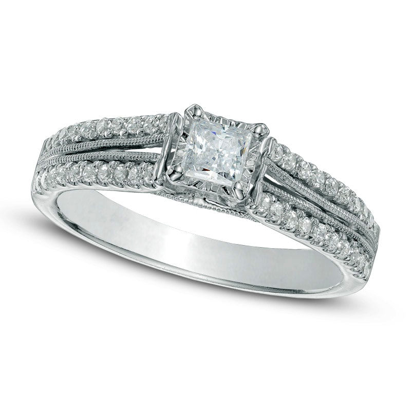 Image of ID 1 Previously Owned - 050 CT TW Princess-Cut Natural Diamond Split Shank Engagement Ring in Solid 10K White Gold