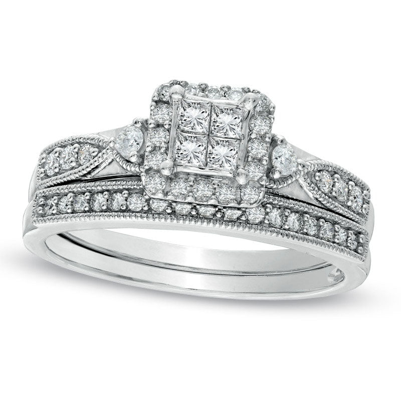Image of ID 1 Previously Owned - 050 CT TW Quad Princess-Cut Natural Diamond Antique Vintage-Style Bridal Engagement Ring Set in Solid 10K White Gold