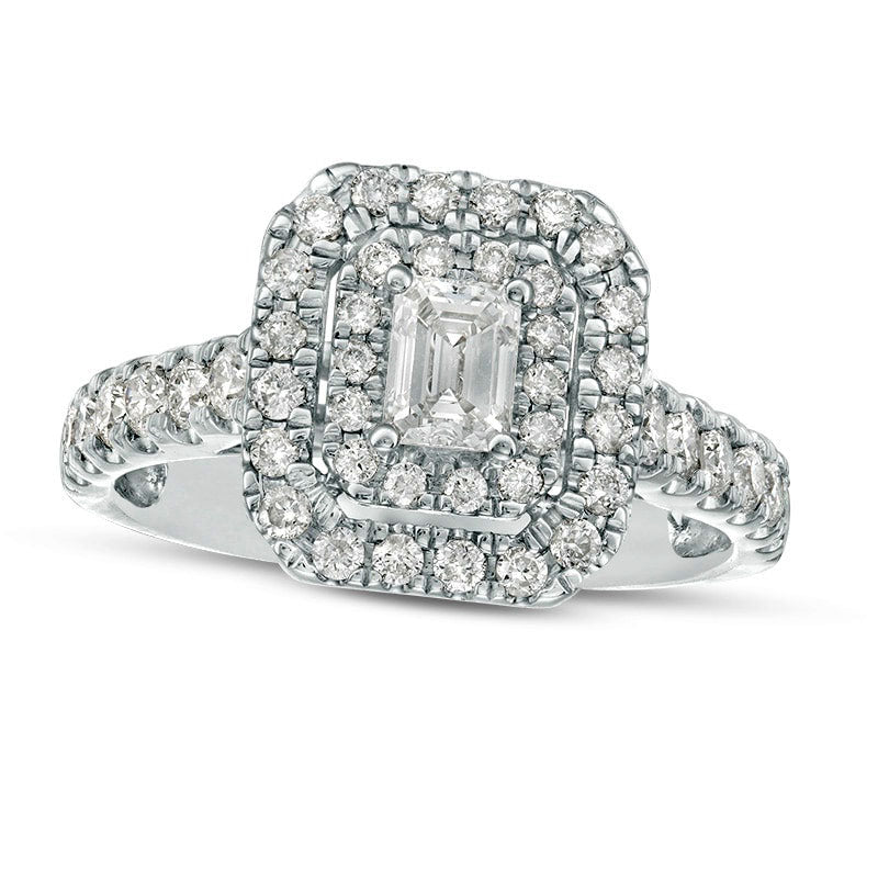 Image of ID 1 Previously Owned - 10 CT TW Emerald-Cut Natural Diamond Double Frame Engagement Ring in Solid 14K White Gold