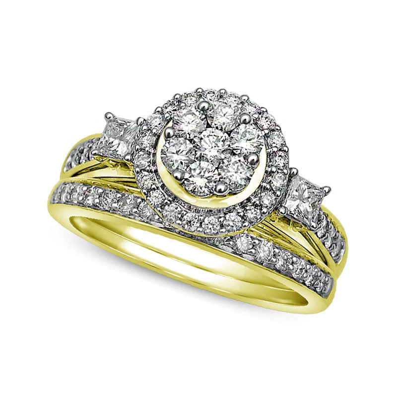 Image of ID 1 Previously Owned - 10 CT TW Natural Diamond Cluster Frame Bridal Engagement Ring Set in Solid 10K Yellow Gold