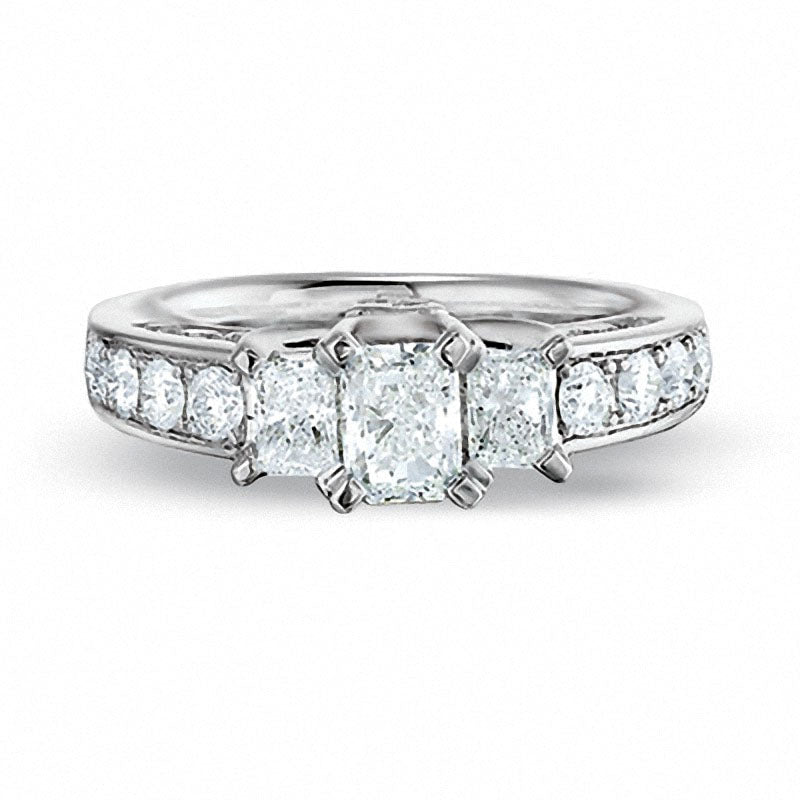Image of ID 1 Previously Owned - 15 CT TW Radiant Cut Natural Diamond Three Stone Ring in Solid 14K White Gold