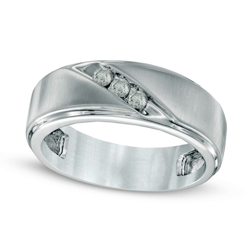 Image of ID 1 Previously Owned - Men's 033 CT TW Natural Diamond Three Stone Slant Wedding Band in Solid 10K White Gold
