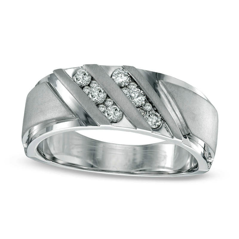Image of ID 1 Previously Owned - Men's 038 CT TW Natural Diamond Slant Ring in Solid 10K White Gold