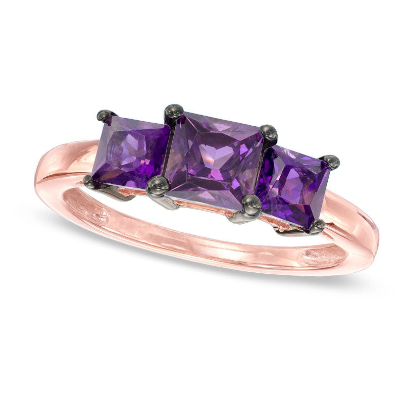 Image of ID 1 Princess-Cut Amethyst Three Stone Ring in Solid 10K Rose Gold