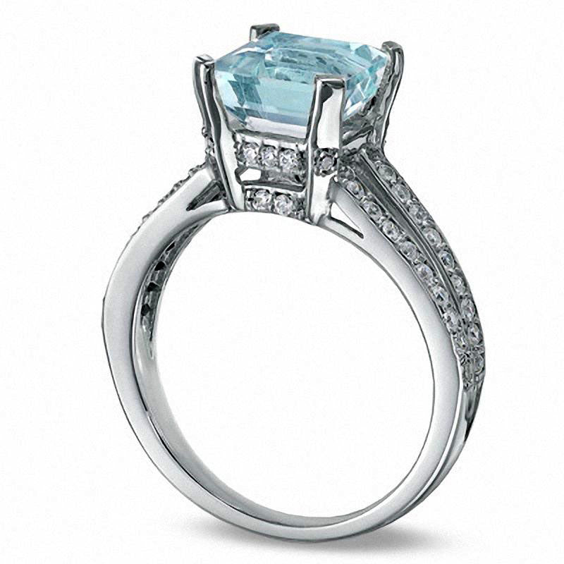 Image of ID 1 Princess-Cut Aquamarine and 025 CT TW Natural Diamond Engagement Ring in Solid 10K White Gold