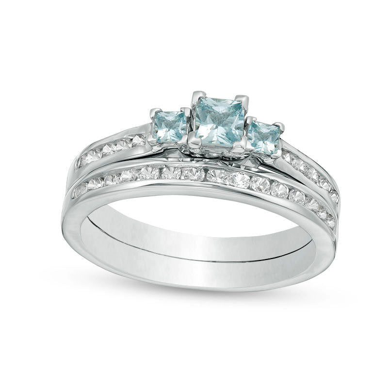 Image of ID 1 Princess-Cut Aquamarine and Lab-Created White Sapphire Three Stone Bridal Engagement Ring Set in Sterling Silver