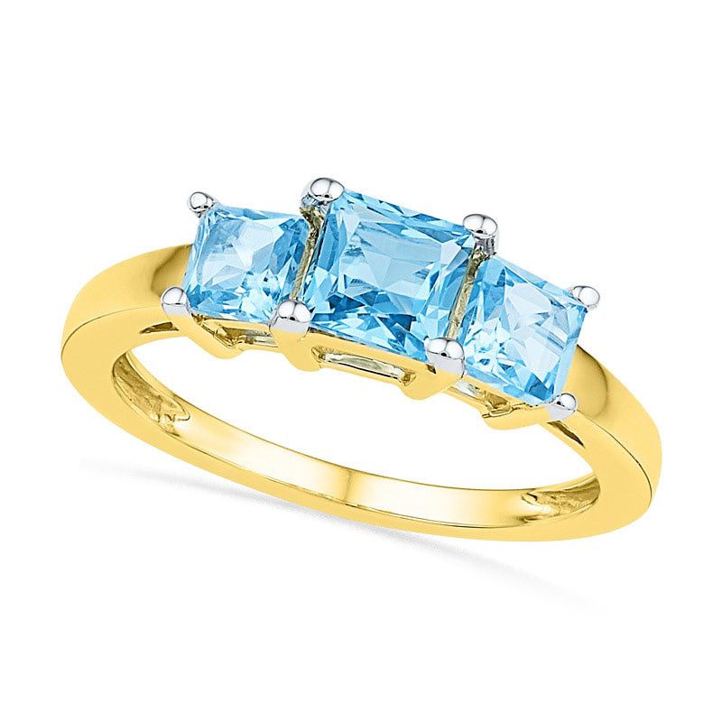 Image of ID 1 Princess-Cut Blue Topaz Three Stone Ring in Solid 10K Yellow Gold