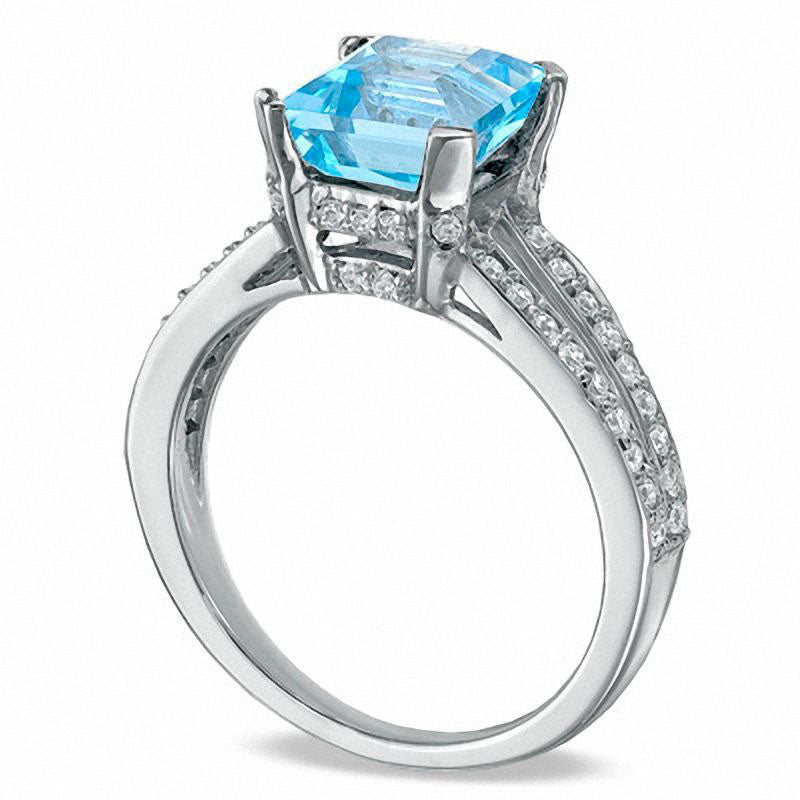 Image of ID 1 Princess-Cut Blue Topaz and 025 CT TW Natural Diamond Engagement Ring in Solid 10K White Gold
