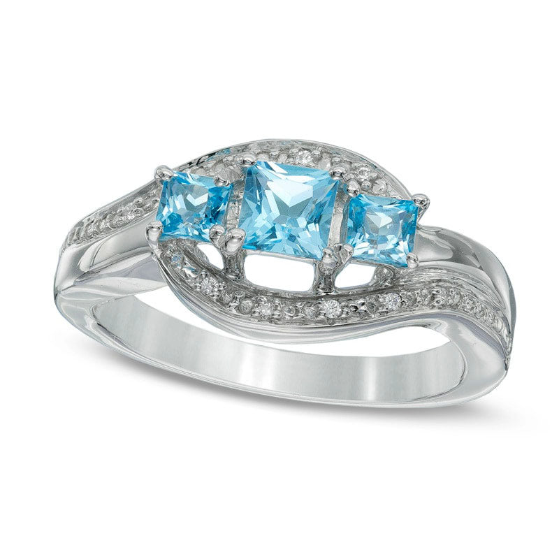 Image of ID 1 Princess-Cut Blue Topaz and Natural Diamond Accent Three Stone Swirl Promise Ring in Sterling Silver