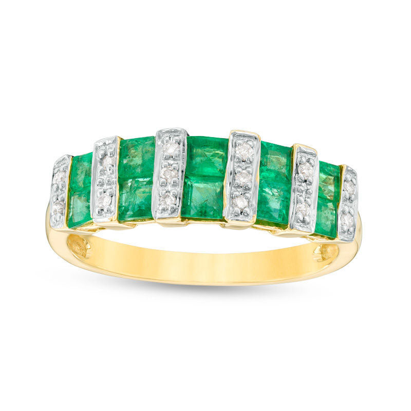 Image of ID 1 Princess-Cut Emerald and Natural Diamond Accent Bar Alternating Double Row Band in Solid 14K Gold