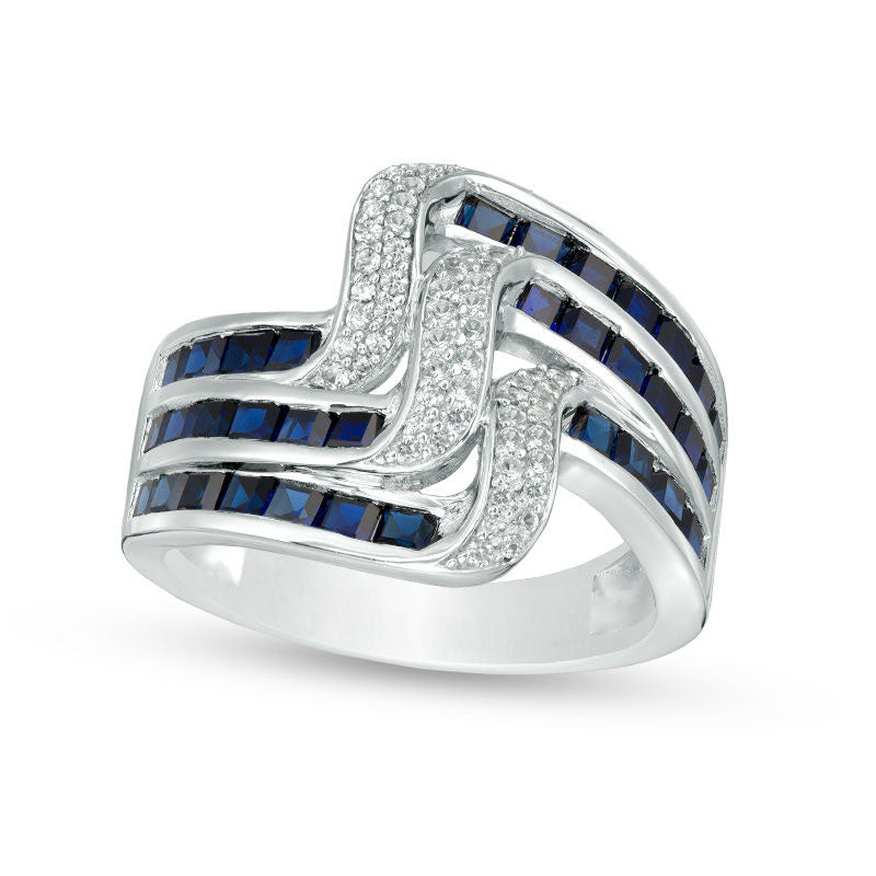 Image of ID 1 Princess-Cut Lab-Created Blue and White Sapphire Multi-Row Wave Ring in Sterling Silver